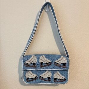 Anthropologie Fiona Beaded Bag Winter Icon Ice Skates Blue Shoulder Purse NWT